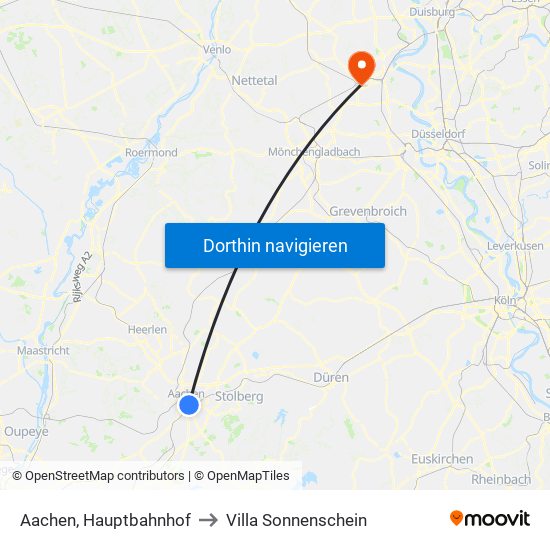 Aachen, Hauptbahnhof to Villa Sonnenschein map