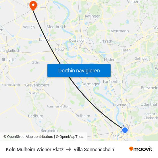 Köln Mülheim Wiener Platz to Villa Sonnenschein map