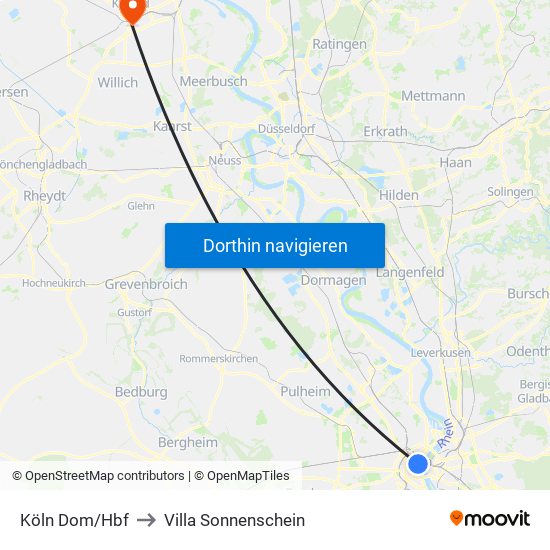 Köln Dom/Hbf to Villa Sonnenschein map