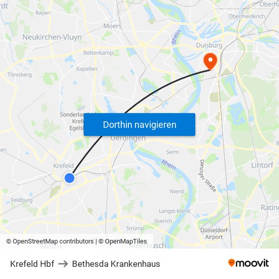 Krefeld Hbf to Bethesda Krankenhaus map