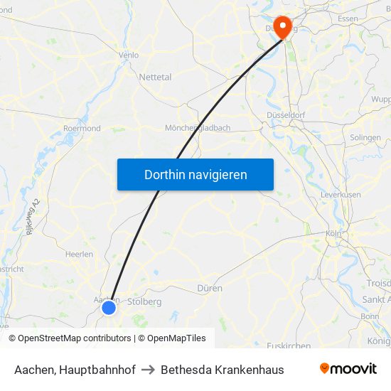 Aachen, Hauptbahnhof to Bethesda Krankenhaus map