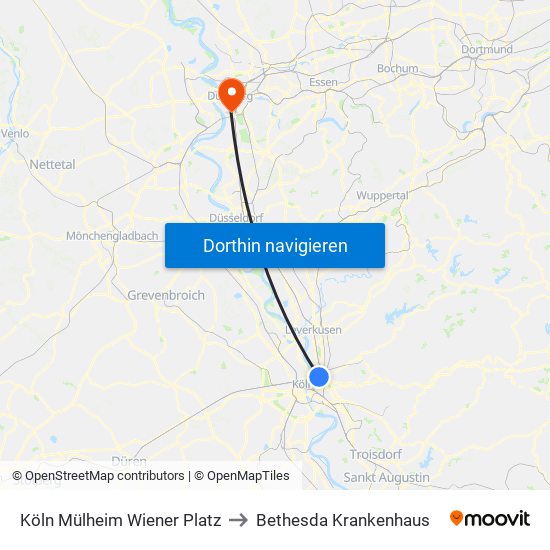 Köln Mülheim Wiener Platz to Bethesda Krankenhaus map