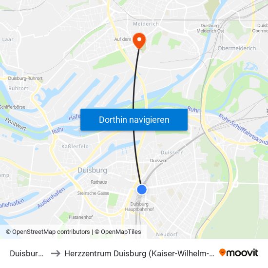 Duisburg Hbf to Herzzentrum Duisburg (Kaiser-Wilhelm-Krankenhaus) map