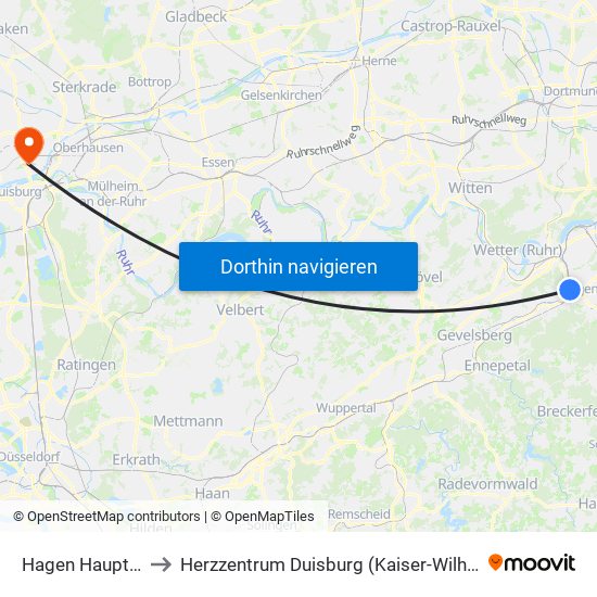 Hagen Hauptbahnhof to Herzzentrum Duisburg (Kaiser-Wilhelm-Krankenhaus) map