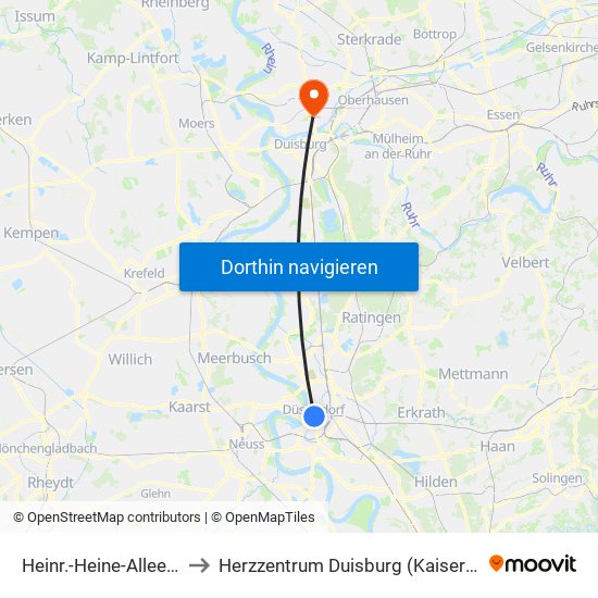 Heinr.-Heine-Allee U - Düsseldorf to Herzzentrum Duisburg (Kaiser-Wilhelm-Krankenhaus) map
