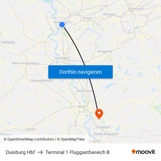 Duisburg Hbf to Terminal 1 Fluggastbereich B map