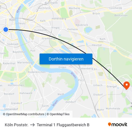 Köln Poststr. to Terminal 1 Fluggastbereich B map