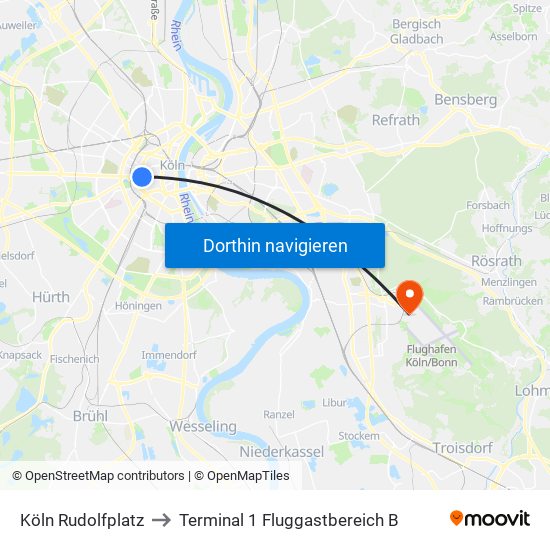 Köln Rudolfplatz to Terminal 1 Fluggastbereich B map