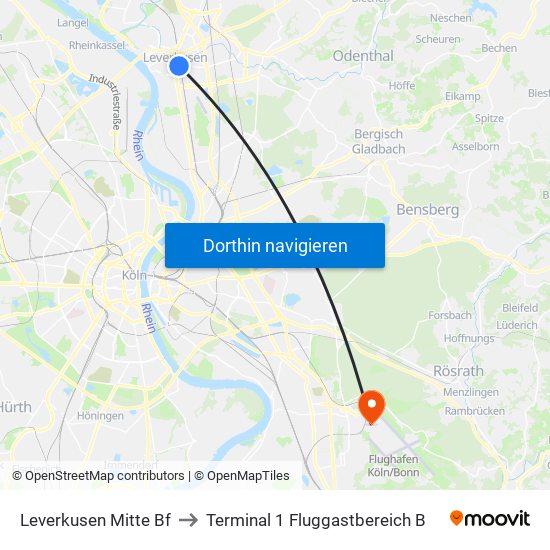 Leverkusen Mitte Bf to Terminal 1 Fluggastbereich B map