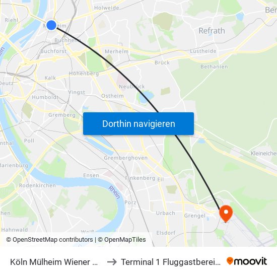 Köln Mülheim Wiener Platz to Terminal 1 Fluggastbereich B map