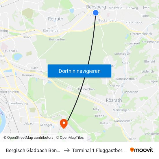 Bergisch Gladbach Bensberg to Terminal 1 Fluggastbereich B map