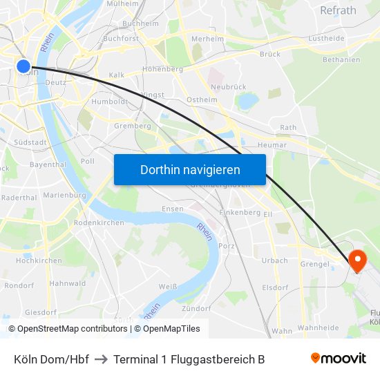 Köln Dom/Hbf to Terminal 1 Fluggastbereich B map