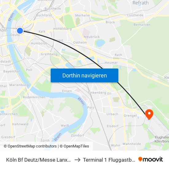 Köln Bf Deutz/Messe Lanxess Arena to Terminal 1 Fluggastbereich B map
