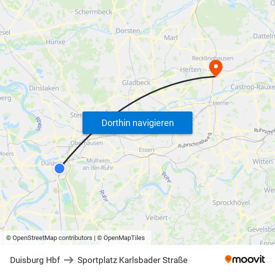 Duisburg Hbf to Sportplatz Karlsbader Straße map