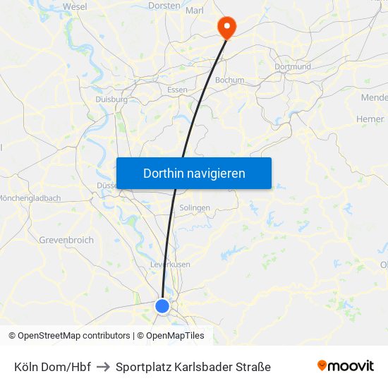 Köln Dom/Hbf to Sportplatz Karlsbader Straße map