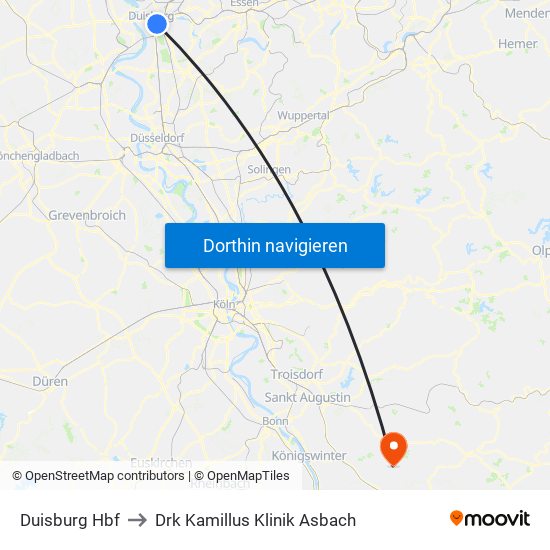 Duisburg Hbf to Drk Kamillus Klinik Asbach map