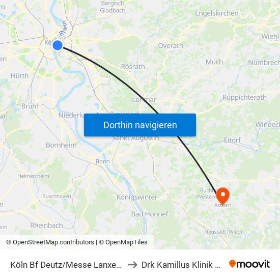 Köln Bf Deutz/Messe Lanxess Arena to Drk Kamillus Klinik Asbach map