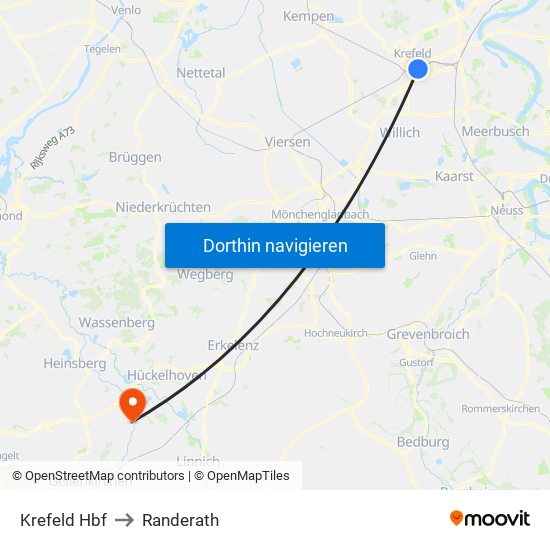 Krefeld Hbf to Randerath map