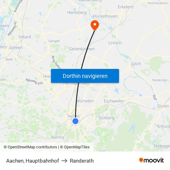 Aachen, Hauptbahnhof to Randerath map