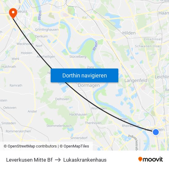 Leverkusen Mitte Bf to Lukaskrankenhaus map