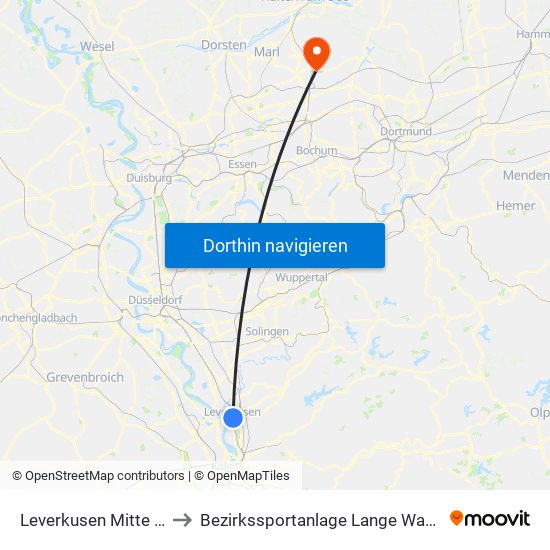 Leverkusen Mitte Bf to Bezirkssportanlage Lange Wanne map