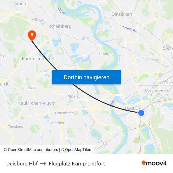Duisburg Hbf to Flugplatz Kamp-Lintfort map