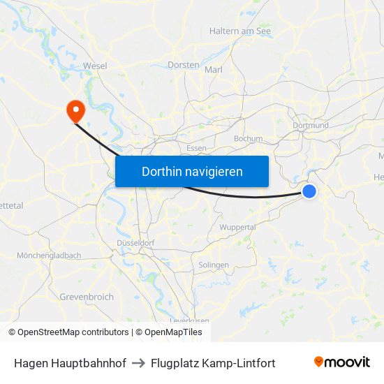 Hagen Hauptbahnhof to Flugplatz Kamp-Lintfort map