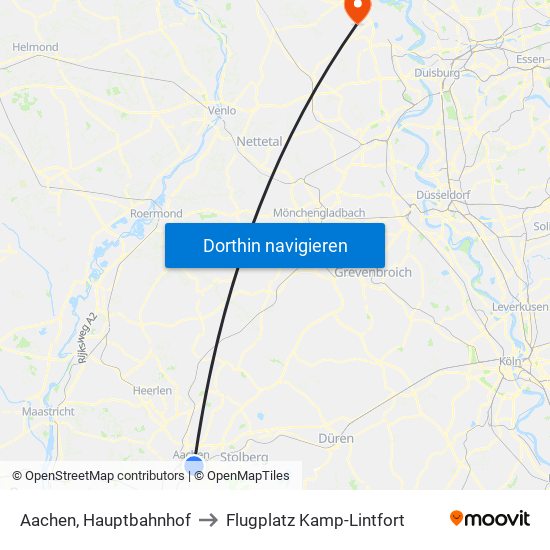 Aachen, Hauptbahnhof to Flugplatz Kamp-Lintfort map