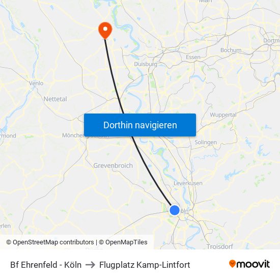 Bf Ehrenfeld - Köln to Flugplatz Kamp-Lintfort map