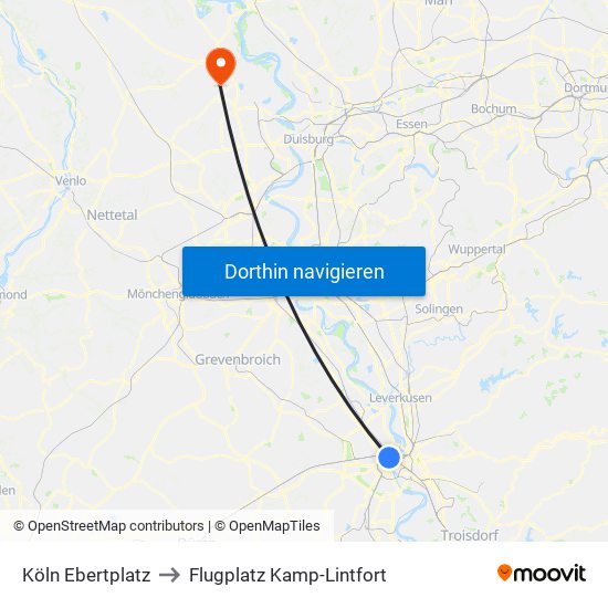 Köln Ebertplatz to Flugplatz Kamp-Lintfort map