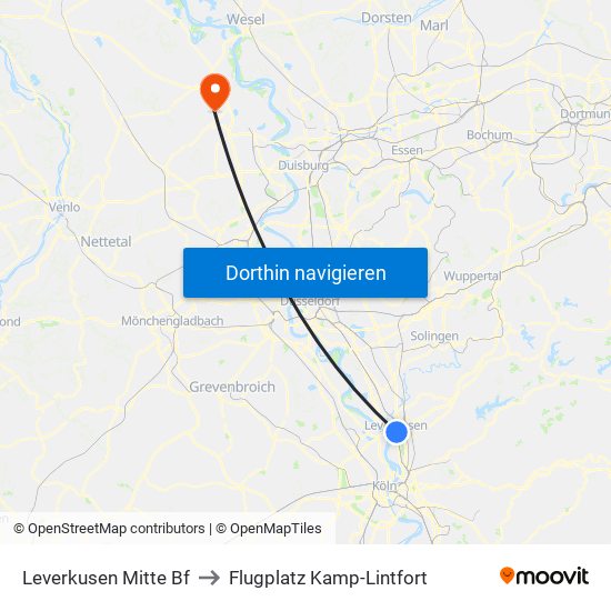 Leverkusen Mitte Bf to Flugplatz Kamp-Lintfort map