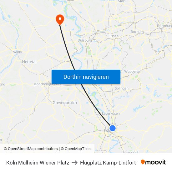 Köln Mülheim Wiener Platz to Flugplatz Kamp-Lintfort map