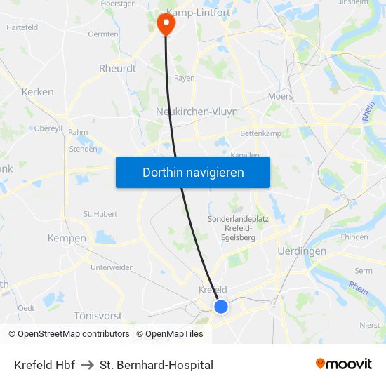 Krefeld Hbf to St. Bernhard-Hospital map