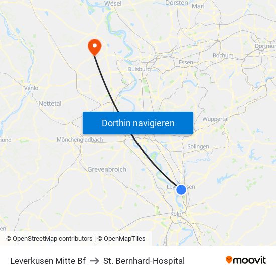 Leverkusen Mitte Bf to St. Bernhard-Hospital map