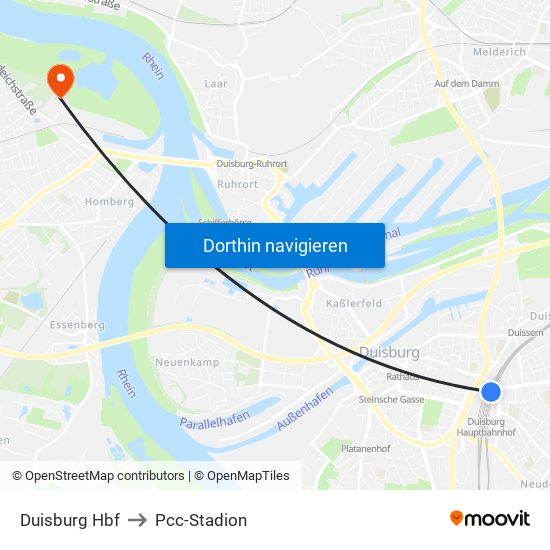 Duisburg Hbf to Pcc-Stadion map