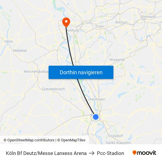Köln Bf Deutz/Messe Lanxess Arena to Pcc-Stadion map