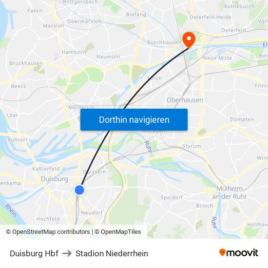 Duisburg Hbf to Stadion Niederrhein map