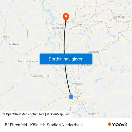 Bf Ehrenfeld - Köln to Stadion Niederrhein map