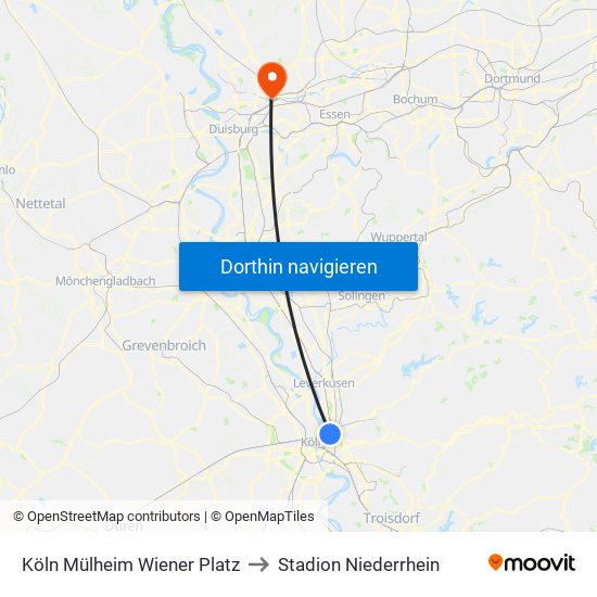 Köln Mülheim Wiener Platz to Stadion Niederrhein map