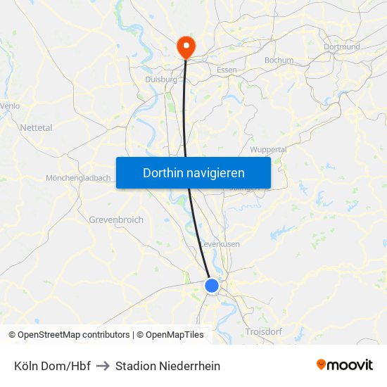 Köln Dom/Hbf to Stadion Niederrhein map