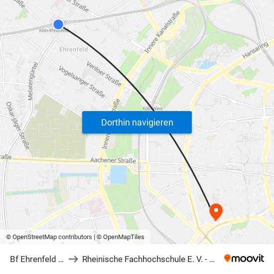 Bf Ehrenfeld - Köln to Rheinische Fachhochschule E. V. - Weyerstraße map