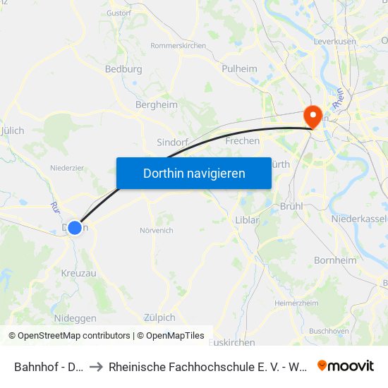 Bahnhof - Düren to Rheinische Fachhochschule E. V. - Weyerstraße map