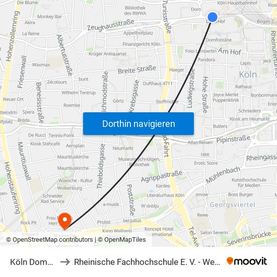 Köln Dom/Hbf to Rheinische Fachhochschule E. V. - Weyerstraße map