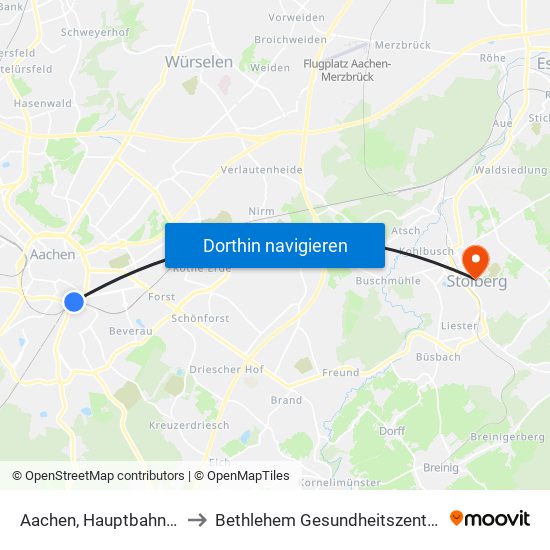 Aachen, Hauptbahnhof to Bethlehem Gesundheitszentrum map