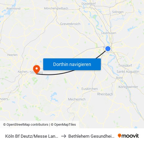 Köln Bf Deutz/Messe Lanxess Arena to Bethlehem Gesundheitszentrum map