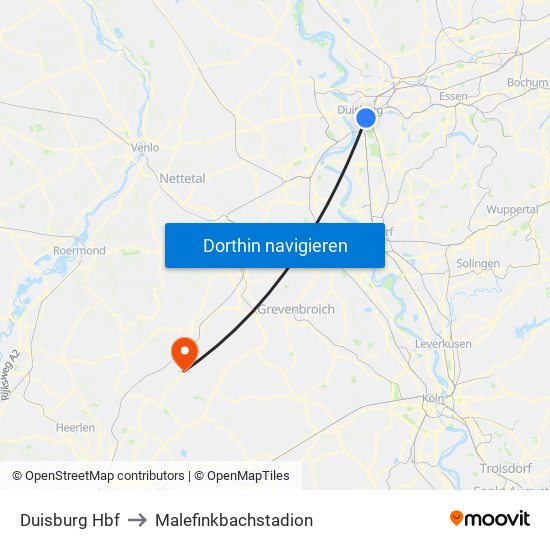 Duisburg Hbf to Malefinkbachstadion map