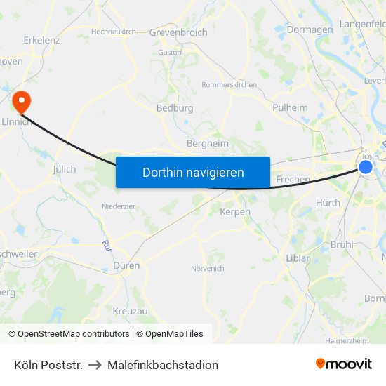 Köln Poststr. to Malefinkbachstadion map