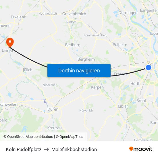 Köln Rudolfplatz to Malefinkbachstadion map