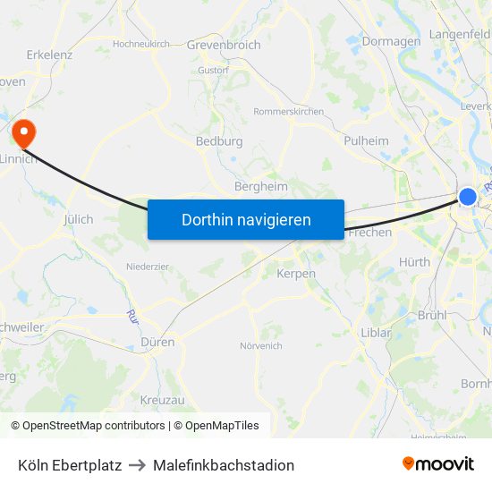 Köln Ebertplatz to Malefinkbachstadion map