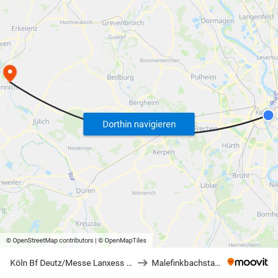 Köln Bf Deutz/Messe Lanxess Arena to Malefinkbachstadion map